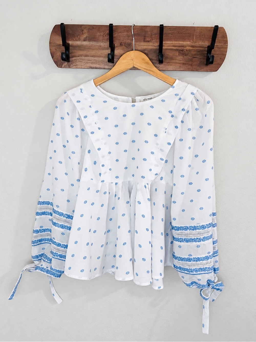 Ella Moss Boho Women’s Blue White Print Peplum Blouse Tie Sleeve Boho Top XSmall